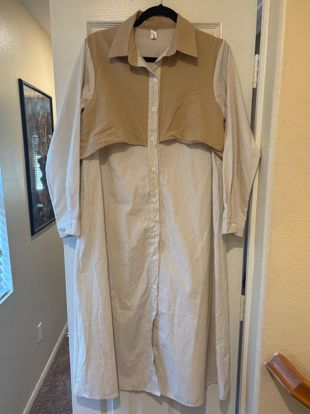 Beige and White Two-Tone Striped Shirt Dress